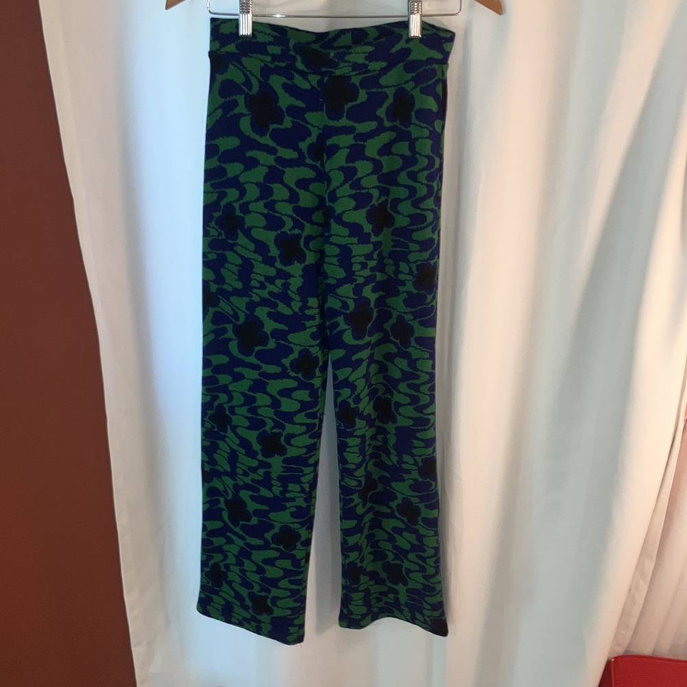 Zara knit pants with bold, Boho blue and green flower pattern